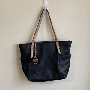 MICHAEL Michael Kors leather jet set tote bag purse black w tan handles
